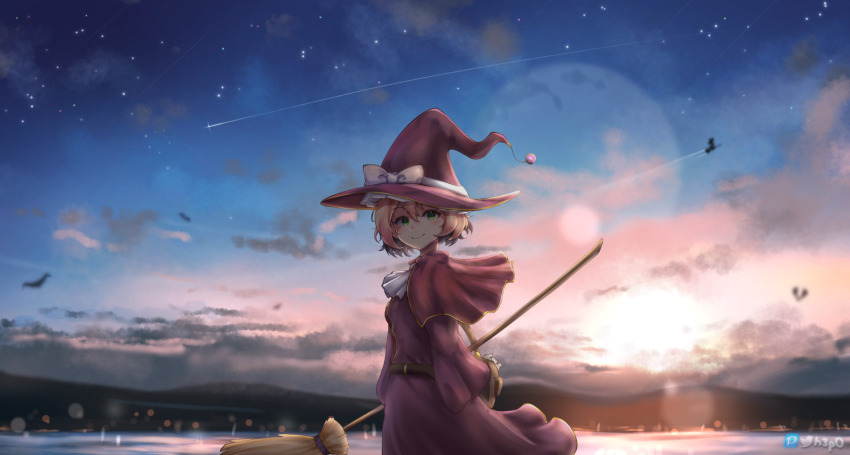 1girl artist_name broom commentary dusk english_commentary h3p0 halloween hat highres night night_sky osu! pippi_(osu!) robe sky skyline star_(sky) sunset witch witch_hat