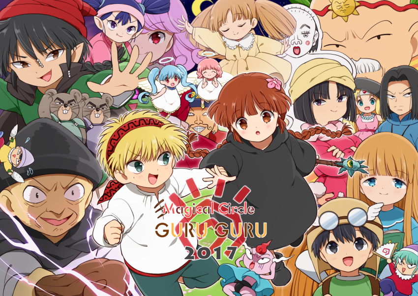 6+boys 6+girls :d angel barkweiner black_cape black_hair black_hat blue_eyes blue_hair brown_eyes cape circlet clenched_hand closed_eyes copyright_name dress flower ghost gipple gochinko grin hair_between_eyes hair_flower hair_ornament hat headband highres holding holding_staff iruku jewelry juju_coo_shnamur kaya_(mahoujin_guruguru) kukuri_(mahoujin_guruguru) mahoujin_guruguru miruka_(mahoujin_guruguru) multiple_boys multiple_girls necklace nike_(mahoujin_guruguru) old old_man open_mouth pepeku pink_dress pink_hair pink_headband pipiku ponto1588 purple_hair raid_(mahoujin_guruguru) red_eyes runrun_vermeer sly_(mahoujin_guruguru) smile snitch_demon staff tiara toma_parott twintails udberg_eldol white_dress wrinkle_rat