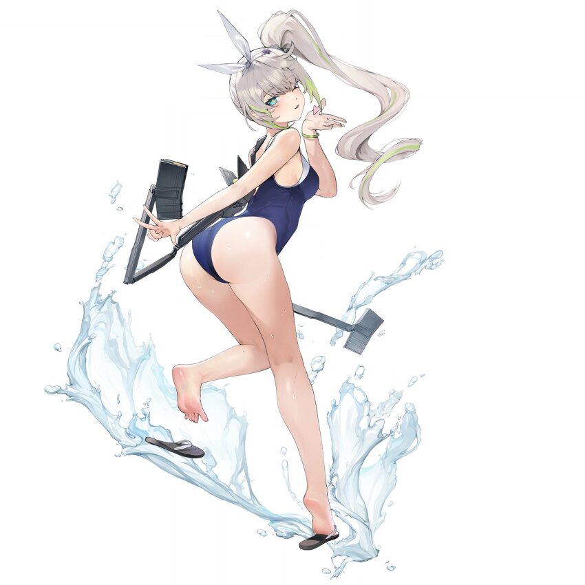1girl ;p ass blue_eyes blue_one-piece_swimsuit bracelet breasts flip-flops full_body girls&#039;_frontline girls&#039;_frontline_2:_exilium highres jewelry kneepits long_hair looking_at_viewer looking_back magazine_(weapon) medium_breasts official_art one-piece_swimsuit one_eye_closed sandals sharkry_(girls&#039;_frontline_2) side_ponytail soles solo swimsuit third-party_source toes tongue tongue_out transparent_background w water waves white_hair