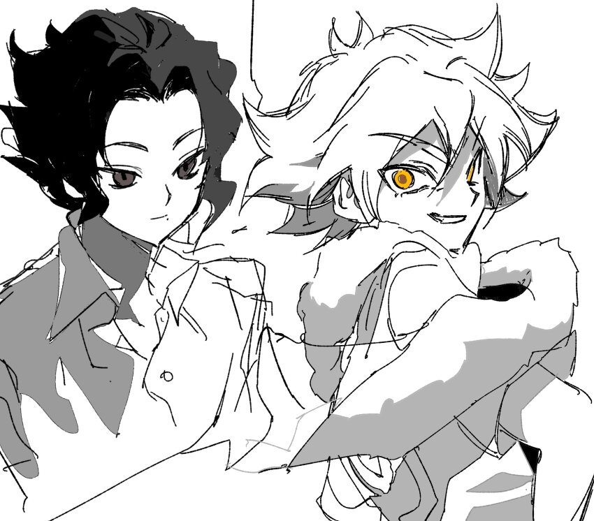 2boys black_eyes black_hair fubuki_shirou goguma_wagamja grin highres inazuma_eleven_(series) inazuma_eleven_go jacket male_focus mole mole_under_mouth multiple_boys partially_colored short_hair sketch smile teeth tsurugi_yuuichi upper_body yellow_eyes
