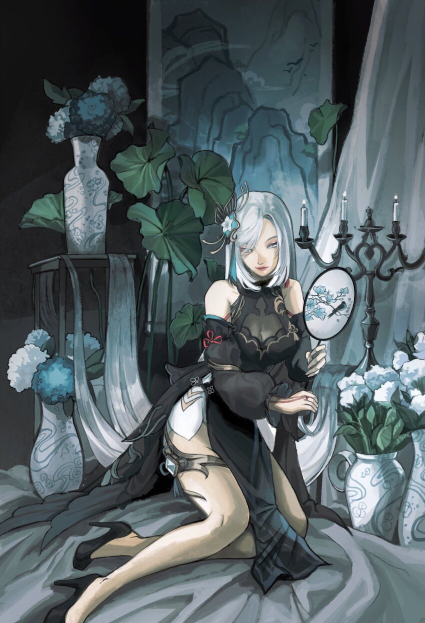 1girl bare_shoulders black_dress black_footwear blue_eyes breasts candle candlestand cleavage commentary dress flower genshin_impact hair_ornament hand_fan high_heels highres holding holding_fan hydrangea lankie long_hair long_sleeves pelvic_curtain plant see-through_cleavage see-through_clothes shenhe_(frostflower_dew)_(genshin_impact) shenhe_(genshin_impact) sitting solo symbol-only_commentary vase very_long_hair white_hair