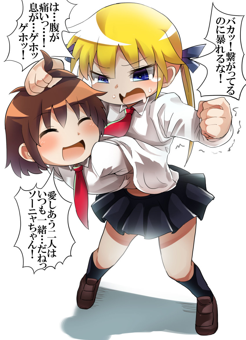 2girls absurdres blonde_hair blush brown_hair diz_(diznaoto) fusion gattai hair_ribbon highres kill_me_baby linda_cube long_hair multiple_girls necktie open_mouth oribe_yasuna ribbon school_uniform short_hair skirt sonya_(kill_me_baby) translation_request twintails