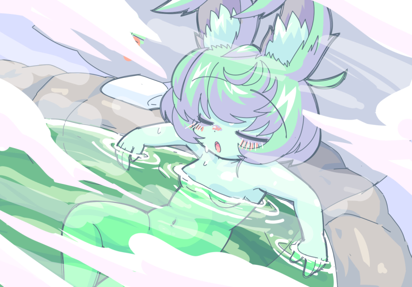 1girl animal_ears blush breasts chibi closed_mouth colored_skin completely_nude convenient_censoring dot_nose eyebrows feet_out_of_frame female_focus from_above green_hair green_skin kayo!!_(gotoran) league_of_legends navel nude open_mouth short_hair shortstack sitting small_breasts solo variant_set vex_(league_of_legends) water yordle
