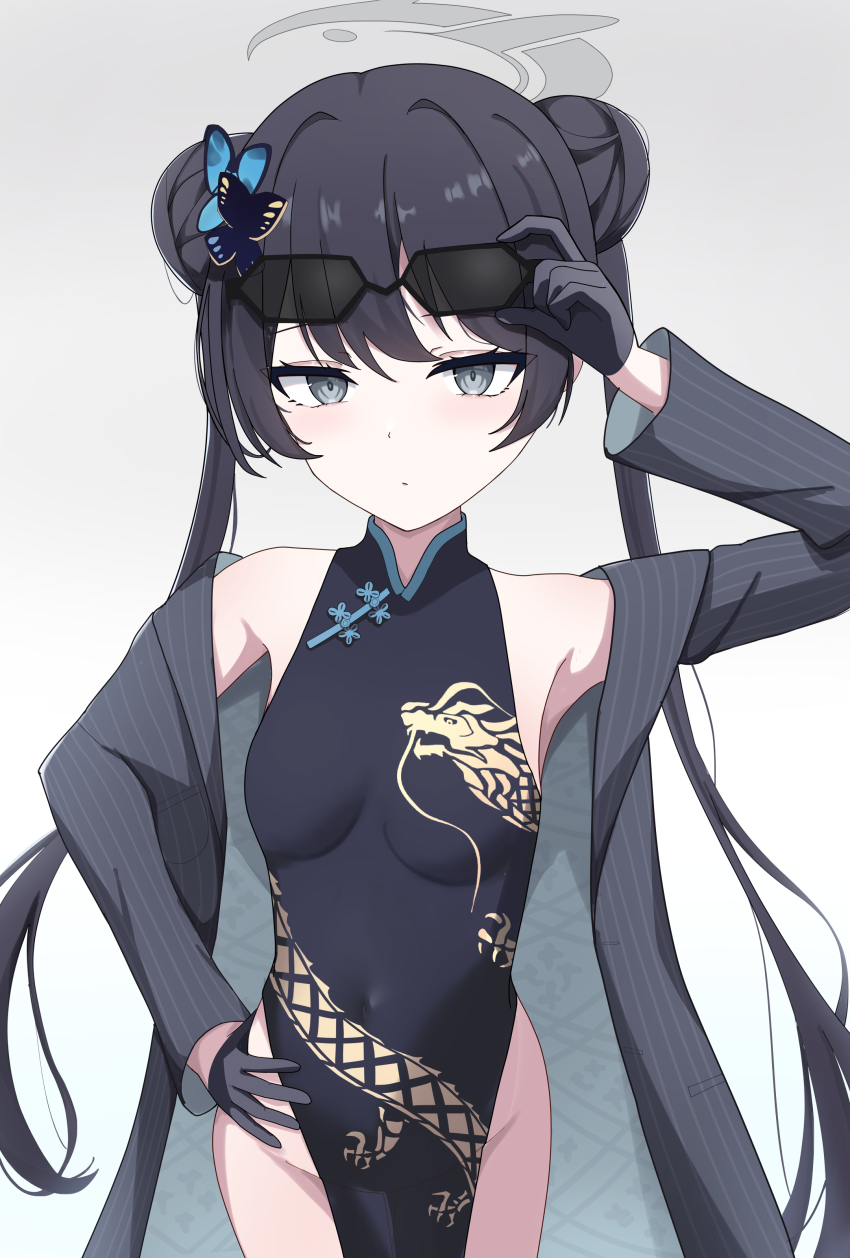 1girl absurdres adjusting_eyewear bare_shoulders black_dress black_gloves black_hair blue_archive breasts butterfly_hair_ornament china_dress chinese_clothes coat commentary_request covered_navel cowboy_shot double_bun dragon_print dress eyewear_on_head gloves grey_background grey_coat grey_eyes grey_halo hair_bun hair_ornament halo hand_on_own_hip hand_up highres kisaki_(blue_archive) long_hair looking_at_viewer open_clothes open_coat pelvic_curtain pinstripe_pattern print_dress short_dress side_slit simple_background sleeveless sleeveless_dress small_breasts solo striped_coat twintails uaru vertical-striped_coat