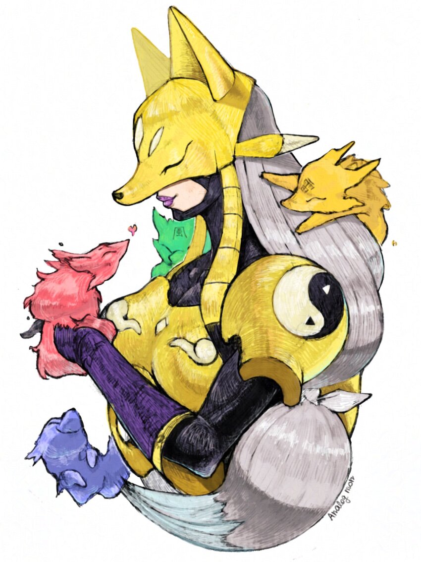 analog_boy02 armor breasts digimon digimon_(creature) digimon_tamers fox fox_mask gold_armor grey_eyes highres long_hair mask medium_breasts purple_lips sakuyamon simple_background smile upper_body white_background yin_yang