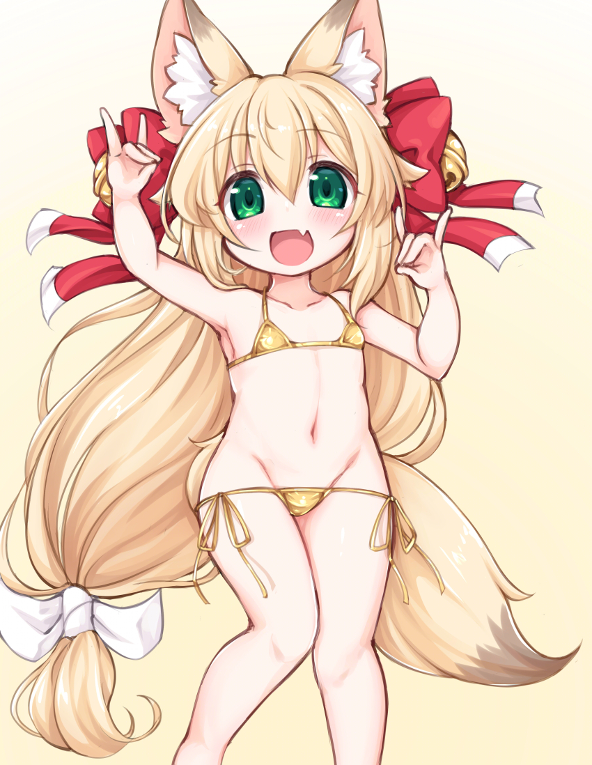 1girl absurdres animal_ear_fluff animal_ears bell bikini blonde_hair bow fang fox_ears fox_girl fox_shadow_puppet fox_tail green_eyes groin hair_bell hair_ornament highres jingle_bell kinomiki_nobori loli long_hair low-tied_long_hair micro_bikini navel open_mouth original side-tie_bikini_bottom smile solo swimsuit tail