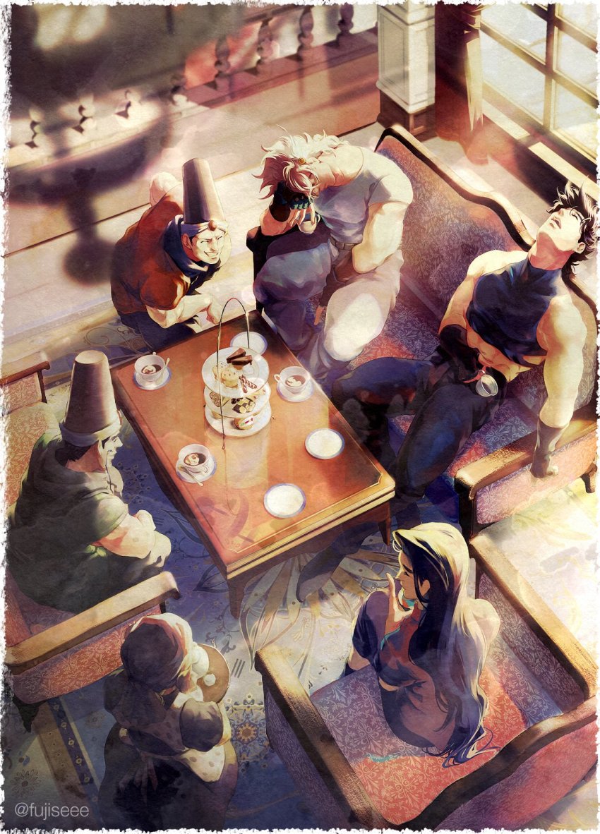 2girls 4boys bandana battle_tendency caesar_anthonio_zeppeli coffee cup fingerless_gloves from_above fujisee gloves hat highres jojo_no_kimyou_na_bouken joseph_joestar joseph_joestar_(young) lisa_lisa loggins_(jojo) messina_(jojo) multiple_boys multiple_girls sitting sleeping suzi_q teacup