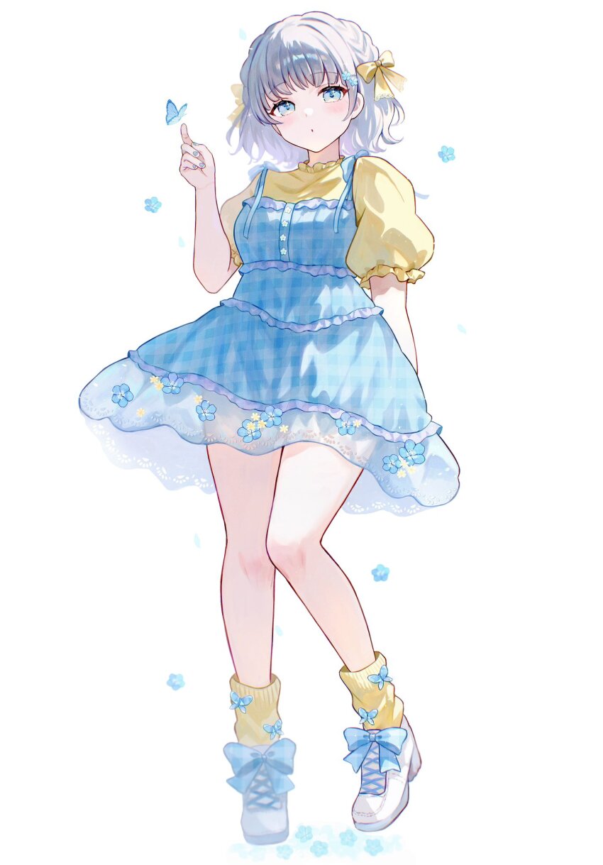 1girl blue_dress blue_eyes blue_nails blush bug butterfly closed_mouth commentary dress full_body grey_hair hair_ribbon hand_up highres ilis_0226 insect looking_at_viewer nail_polish original puffy_short_sleeves puffy_sleeves ribbon shoes short_hair short_sleeves simple_background socks solo standing white_background white_shoes yellow_ribbon yellow_socks
