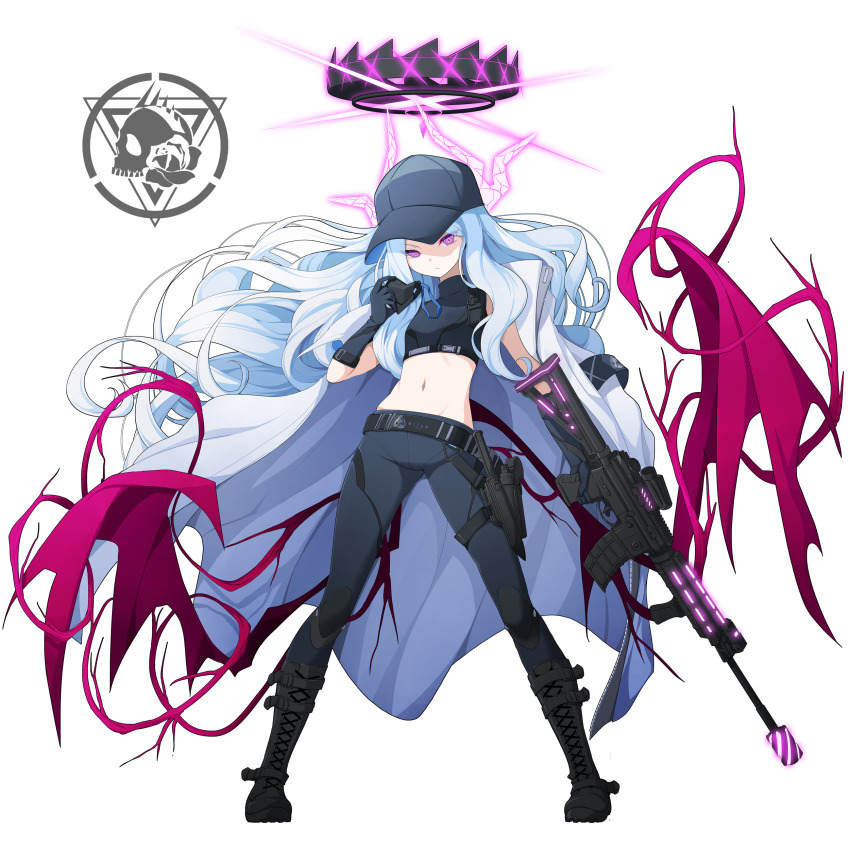 1girl absurdres bare_shoulders baseball_cap black_boots blue_archive blue_gloves blue_hat blue_pants boots breasts closed_mouth commentary_request cosplay crop_top floating_hair full_body gloves glowing grey_hair gun halo hat highres hina_(blue_archive) holding holding_gun holding_mask holding_weapon jacket jacket_on_shoulders knee_boots knee_pads koflif lace-up_boots long_hair mask midriff mouth_mask navel pants purple_eyes purple_wings saori_(blue_archive) saori_(blue_archive)_(cosplay) small_breasts solo standing unworn_mask very_long_hair weapon weapon_request white_jacket wings