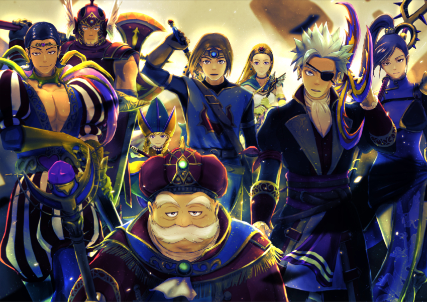 3girls 5boys aqua_cape armor ascot asymmetrical_bangs asymmetrical_dual_wielding axe bead_necklace beads black_hair blonde_hair blue_eyes blue_gemstone blue_hair blue_tabard braid brown_eyes brown_hair camus_(dq11) cape china_dress chinese_clothes choker circlet commentary_request cosplay crown dragon_quest dragon_quest_xi dress dual_wielding earrings erdrick&#039;s_sword eyepatch facial_hair floating_clothes floating_hair gem gold_circlet gold_earrings grandfather_and_grandson greig_(dq11) hair_pulled_back helmet hero_(dq11) high_ponytail holding holding_axe holding_boomerang holding_polearm holding_shield holding_staff holding_sword holding_wand holding_weapon hoop_earrings jewelry long_hair looking_at_viewer low_twin_braids martina_(dq11) medium_hair multiple_boys multiple_girls mustache necklace official_alternate_costume old old_man one_eye_covered open_mouth parted_hair pirate plunging_neckline polearm ponytail popon_(user_eaem5325) puff_and_slash_shorts purple_dress purple_eyes purple_facial_hair purple_gemstone purple_hair red_armor red_gemstone roche_(dq11) roche_(dq11)_(cosplay) row_(dq11) senica_(dq11) senica_(dq11)_(cosplay) senya_(dq11) sheath shield short_hair siblings sisters smile spear sphere_earrings spiked_hair staff strapless strapless_dress sword sword_on_back sylvia_(dq11) tabard twin_braids twins unsheathing veronica_(dq11) wand weapon weapon_on_back white_ascot white_dress white_facial_hair winged_helmet
