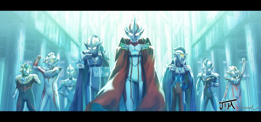 1girl 6+boys alien cape color_timer highres multiple_boys no_humans tokusatsu ultra_series ultraman_fuma ultraman_hikari ultraman_mebius ultraman_mebius_(series) ultraman_r/b ultraman_taiga ultraman_taiga_(series) ultraman_titas_(ultraman_taiga) ultraman_z ultraman_z_(original) ultraman_z_(series) ultraman_zero ultrawoman_grigio unreal_es walking yellow_eyes