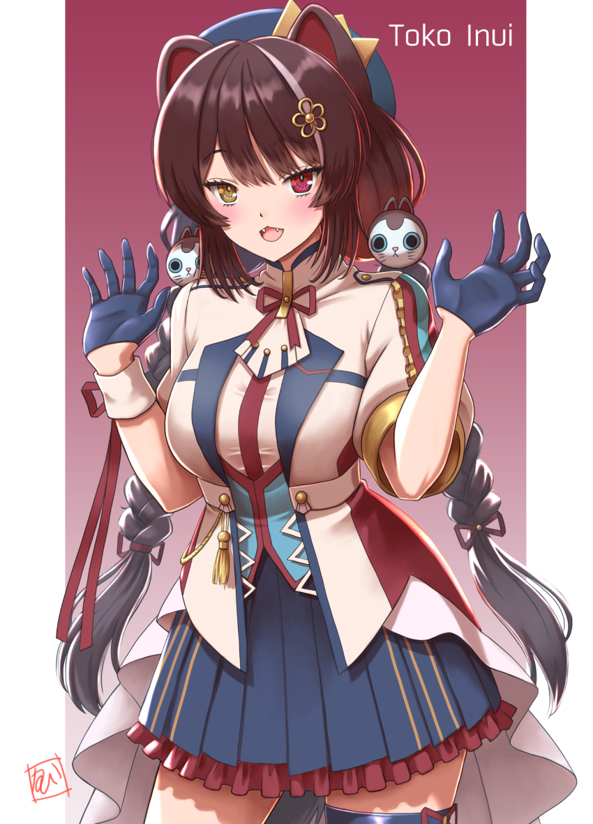1girl :3 animal_ears animal_hair_ornament beret blue_gloves blue_hat blue_skirt blush border braid breasts brown_hair character_name claw_pose collared_jacket colored_lapels commentary_request cowboy_shot crown_hat_ornament dog_ears dog_girl dog_tail fangs flower frilled_skirt frills gloves gradient_background hair_flower hair_ornament hair_ribbon half_gloves hands_up hat heterochromia highres idol_clothes inui_toko jacket long_hair looking_at_viewer low_twin_braids medium_breasts miniskirt multicolored_hair neck_ribbon nijisanji open_mouth outside_border pillarboxed pleated_skirt purple_background purple_ribbon red_eyes ribbon sanbaka_anniversary_outfit short_sleeves signature single_wrist_cuff skirt smile solo streaked_hair t_k tail tail_under_clothes tassel thigh_strap twin_braids two-tone_hair very_long_hair virtual_youtuber white_border white_hair white_jacket white_wrist_cuffs wrist_cuffs wrist_ribbon yellow_eyes