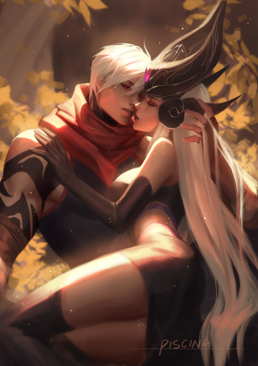 1boy 1girl absurdres arm_tattoo artist_name ass black_gloves black_headwear black_thighhighs breasts closed_eyes elbow_gloves eyeshadow feet_out_of_frame fingerless_gloves gloves hair_between_eyes hand_in_another&#039;s_hair headpiece hetero highres imminent_kiss league_of_legends lipstick long_hair looking_at_another makeup medium_breasts piscina red_eyes red_scarf scarf short_hair syndra tattoo thighhighs white_hair zed_(league_of_legends)