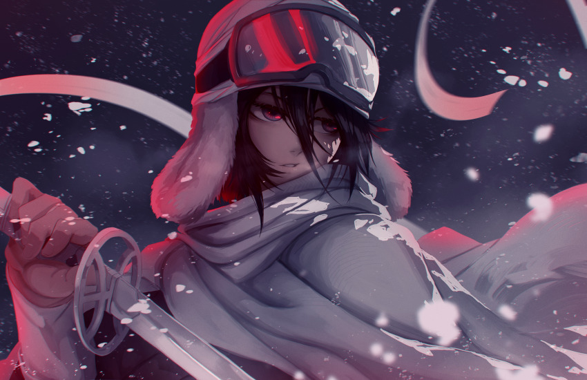 1girl absurdres bleach bleach:_sennen_kessen-hen blurry breath capelet commentary depth_of_field eyelashes goggles goggles_on_head grey_eyes hair_between_eyes hand_up hat highres holding holding_sword holding_weapon jesse_schickler katana kuchiki_rukia looking_to_the_side night outdoors parted_lips ribbon serious short_hair sidelighting snowing sode_no_shirayuki_(shikai) solo sword tsurime upper_body v-shaped_eyebrows weapon white_capelet white_hat white_ribbon winter