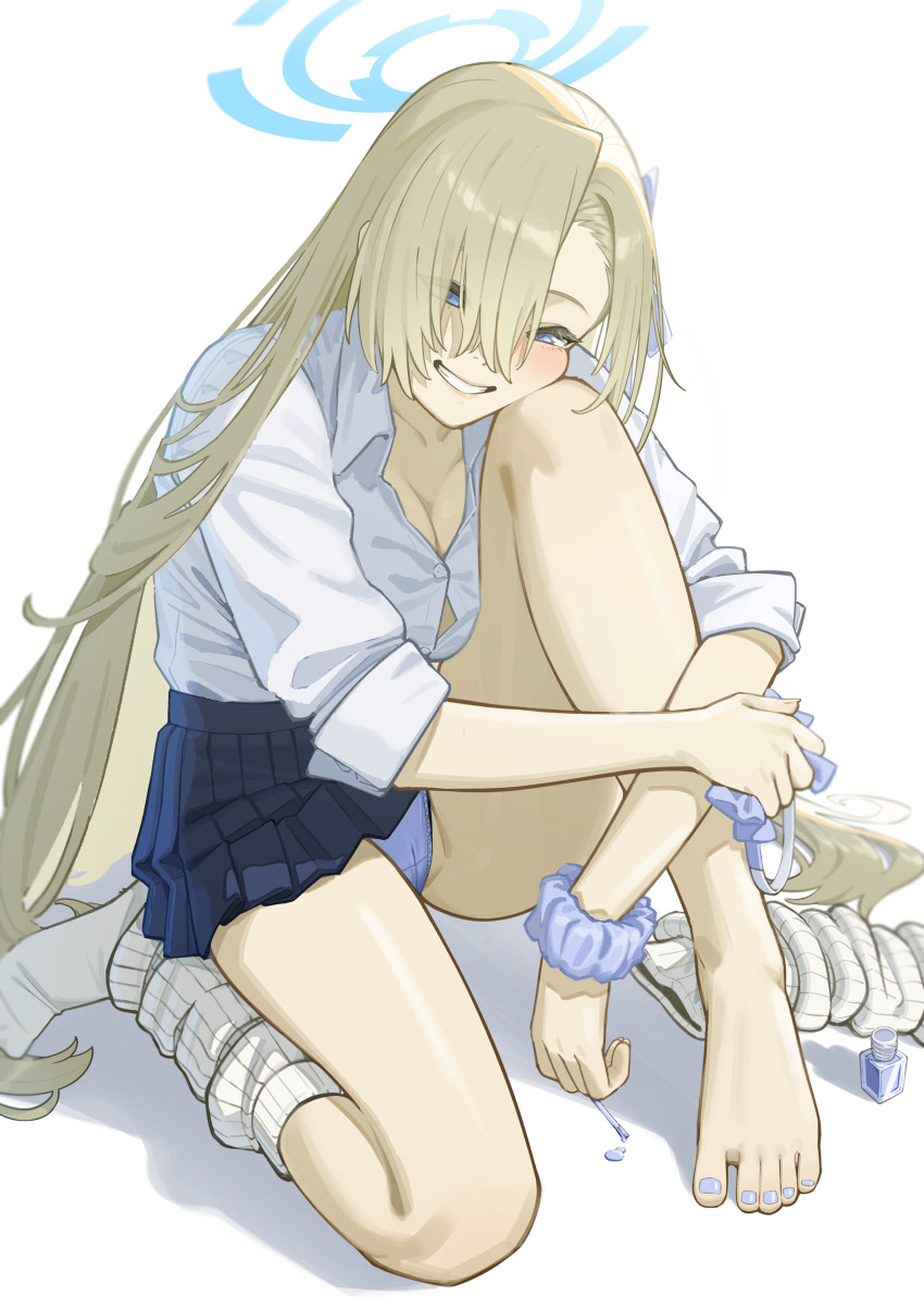 1girl absurdres asuna_(blue_archive) asymmetrical_bangs blonde_hair blue_archive blue_bow blue_bowtie blue_eyes blue_hair blue_halo blue_nails blue_panties blue_scrunchie blue_skirt blurry blush bow bowtie breast_press breasts button_gap buttons cameltoe cleavage clothes_lift collarbone collared_shirt commentary cosmetics dated_commentary depth_of_field eyes_visible_through_hair foot_out_of_frame grin hair_between_eyes hair_over_one_eye half-closed_eyes halo hand_on_own_arm head_on_knee head_rest high-waist_skirt highres holding holding_bow_(ornament) knee_up kumajin large_breasts long_hair looking_at_viewer loose_socks miniskirt nail_polish nail_polish_bottle nail_polish_brush no_shoes panties parted_lips pleated_skirt ribbed_socks school_uniform scrunchie shadow shirt shirt_tucked_in simple_background single_bare_foot single_bare_leg sitting skirt skirt_lift three-quarter_sleeves sleeves_pushed_up smile socks solo toenail_polish toenails underwear unworn_bowtie unworn_socks very_long_hair white_background white_shirt white_socks wrist_scrunchie