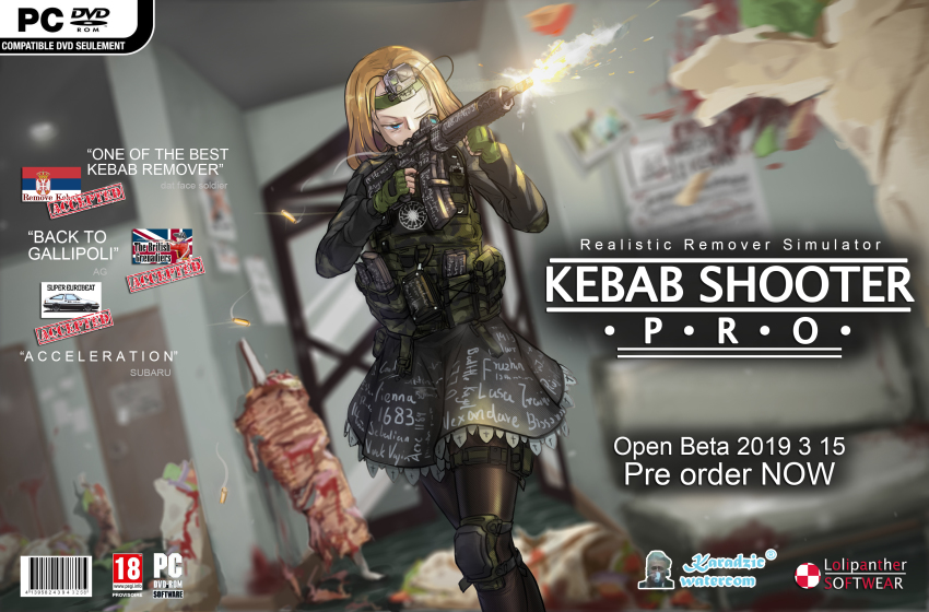 1girl aiming ar-15 barcode bench black_pantyhose black_shirt black_skirt blonde_hair blood bloodshot_eyes blue_eyes blurry blurry_background blurry_foreground brenton_tarrant cable camera camouflage car chinese_commentary clothes_writing commentary content_rating cover cross dated depth_of_field doner_kebab doner_sandwich door dutch_angle dvd_cover english_text fake_cover feet_out_of_frame female_focus finger_on_trigger fingerless_gloves firing flag flak_jacket food gloves green_gloves gun half-closed_eyes headband highres holding holding_gun holding_weapon indoors jacket knee_pads logo lolipantherwww long_sleeves magazine_(weapon) meat meme miniskirt motor_vehicle muzzle_flash nazi one_eye_closed pantyhose paper parody petticoat pouch radovan_karadzic real_life release_date remove_kebab_(meme) rifle scope serbian_flag shell_casing shirt shish_kebab skirt smoke solo solo_focus standing terrorism terrorist thigh_pouch thigh_strap toyota toyota_sprinter_trueno union_jack vertical_rotisserie video_camera video_game_cover weapon