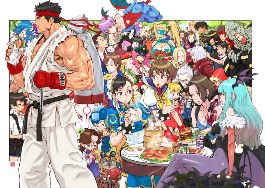 ? ace_attorney amaterasu_(ookami) animal_hands anita_(darkstalkers) b.b._hood breasts bridal_gauntlets burger cammy_white capcom carlos_oliveira carrying character_request chun-li crossover dante_(devil_may_cry) dark_skin darkstalkers date_masamune_(sengoku_basara) demon_girl devil_may_cry_(series) drinking dumpling elena_(street_fighter) felicia_(darkstalkers) felyne final_fight food food_in_mouth green_hair head_wings hsien-ko ibuki_(street_fighter) ichimonji_batsu jill_valentine justice_gakuen kagami_kyousuke kasugano_sakura ken_masters large_breasts leotard lilith_(darkstalkers) long_hair looking_at_viewer looking_to_the_side makoto_(street_fighter) maya_fey mega_man_(character) mega_man_(classic) mega_man_(series) mei-ling_(darkstalkers) miles_edgeworth monster_hunter_(series) morrigan_aensland multiple_boys multiple_girls nemesis_(resident_evil) nishimura_kinu official_art oichi_(sengoku_basara) ookami_(game) outdoors pantyhose phoenix_wright poison_(final_fight) rainbow_mika resident_evil roll_(mega_man) ryu_(street_fighter) sanada_yukimura_(sengoku_basara) sengoku_basara shoulder_carry sitting smile street_fighter sweat taiyaki thighs trish_(devil_may_cry) vergil_(devil_may_cry) wagashi wakaba_hinata wings