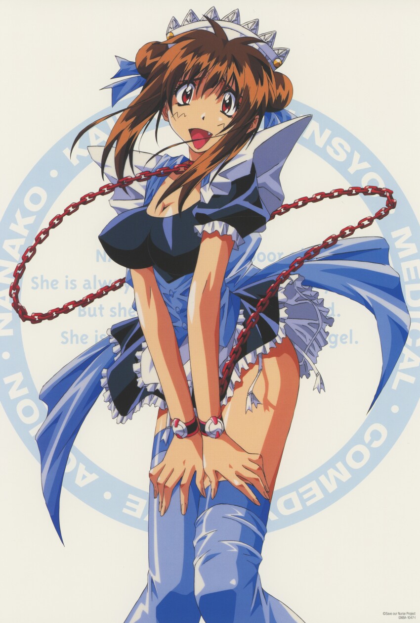 1990s_(style) absurdres apron breasts brown_eyes brown_hair chain cleavage double_bun fang garter_straps hair_bun highres large_breasts nanako_kaitai_shinsho non-web_source nurse official_art retro_artstyle shichigusa_nanako thighhighs yamashita_toshinari