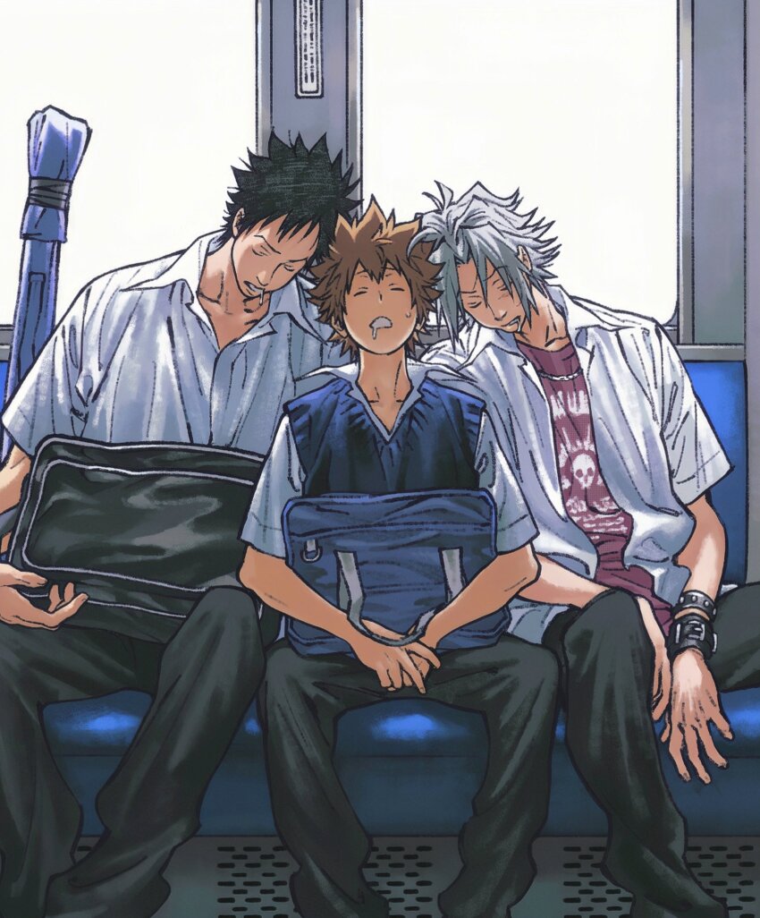 3boys bag between_legs black_bag black_hair black_pants blue_bag blue_vest brown_hair closed_eyes collared_shirt commentary drooling feet_out_of_frame gokudera_hayato hair_between_eyes hair_intakes hand_between_legs highres katekyo_hitman_reborn! layered_clothes male_focus multiple_boys open_clothes open_mouth open_shirt own_hands_together pants print_shirt red_shirt saliva sawada_tsunayoshi school_bag shirt short_hair short_sleeves sitting sleeping studded_wristband train train_interior umkaqryi vest white_hair white_shirt wristband yamamoto_takeshi