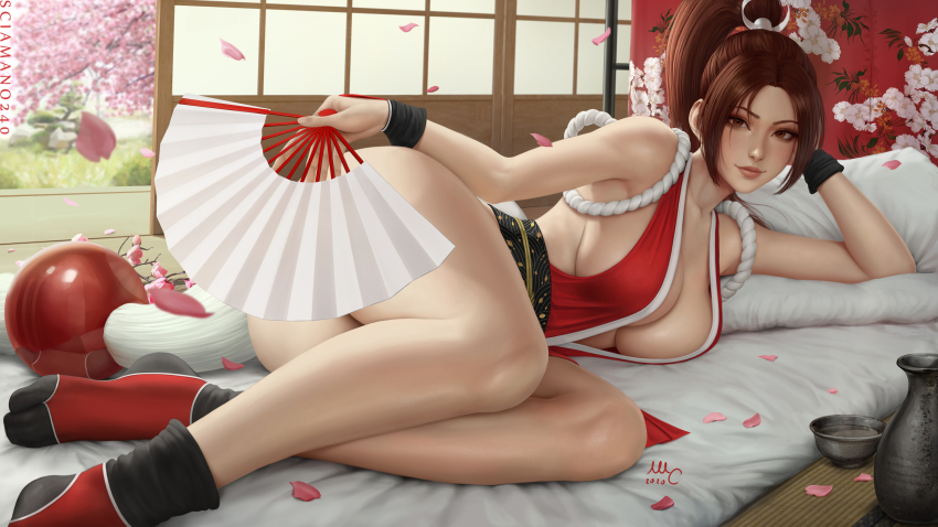 1girl arm_up artist_name bare_legs bare_shoulders black_socks bowl breasts brown_eyes brown_hair cleavage closed_mouth collarbone covering_ass covering_privates fatal_fury female_focus folding_fan futon hair_ribbon hand_fan hand_on_own_head high_ponytail highres holding holding_fan indoors japanese_clothes jar kimono large_breasts legs lips long_hair looking_at_viewer lying matching_hair/eyes ninja no_bra on_bed on_side petals pillow ponytail red_kimono revealing_clothes ribbon rope sciamano240 shiranui_mai signature sleeveless sleeveless_kimono sliding_doors smile socks solo sweatband tabi the_king_of_fighters white_ribbon