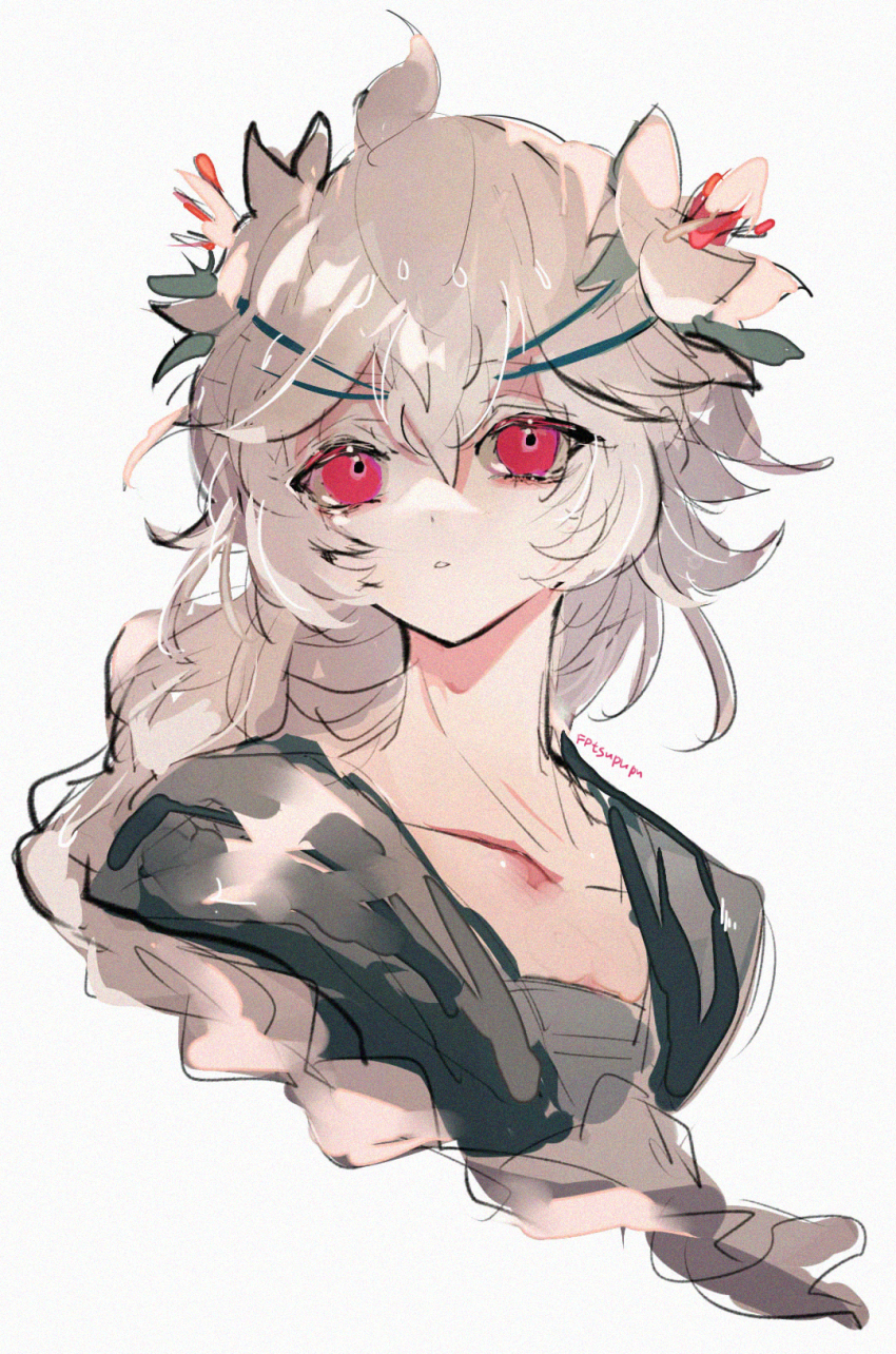 1girl braid cape cookie_run cookie_run:_kingdom dress flower green_dress hair_flower hair_ornament highres humanization kurayuki0404 long_hair looking_at_viewer red_eyes simple_background solo very_long_hair white_background white_flower white_hair white_lily white_lily_cookie