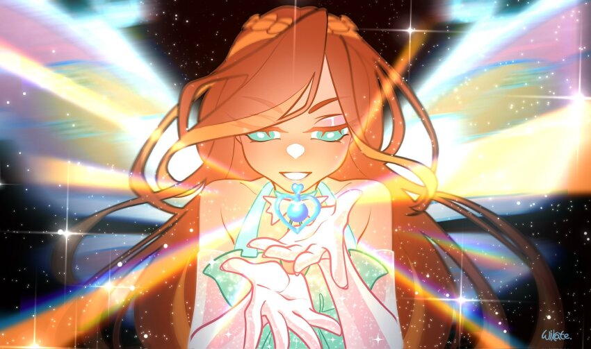 1girl aqua_choker aqua_dress aqua_eyes bare_shoulders black_background bloom_(winx_club) blue_wings bottle bow bow_choker bowtie braid bright_pupils choker crown_braid downturned_eyes dress elbow_gloves enchantix fairy frilled_dress frills glitter gloves glowing grin halter_dress halterneck happy highres light_blush light_particles light_rays lipstick long_hair looking_at_object magical_girl makeup motion_blur multicolored_wings open_mouth orange_hair pink_bow pink_bowtie pink_gloves pink_lips signature smile solo sparkle swept_bangs upper_body very_long_hair white_pupils wikate wings winx_club