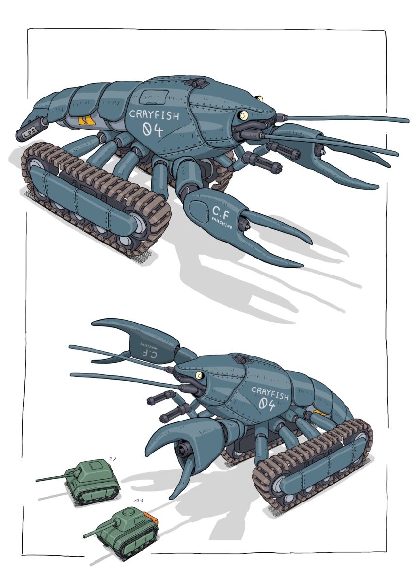 absurdres caterpillar_tracks crayfish gatling_gun gatling_santouhei highres mecha military military_vehicle motor_vehicle no_humans non-humanoid_robot original pincers robot robot_animal science_fiction tank vehicle_focus white_background