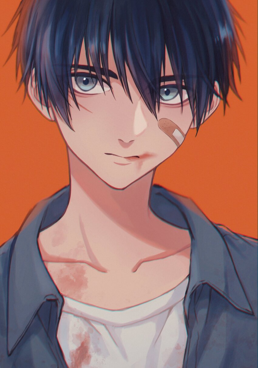 1boy bandaid bandaid_on_cheek bandaid_on_face black_hair blood blood_on_clothes blood_on_mouth blue_eyes closed_mouth collarbone commentary_request facial_scar grey_shirt hair_between_eyes highres looking_at_viewer male_focus moxamog orange_background original portrait scar scar_on_cheek scar_on_face shirt shirt_under_shirt short_hair simple_background solo white_shirt