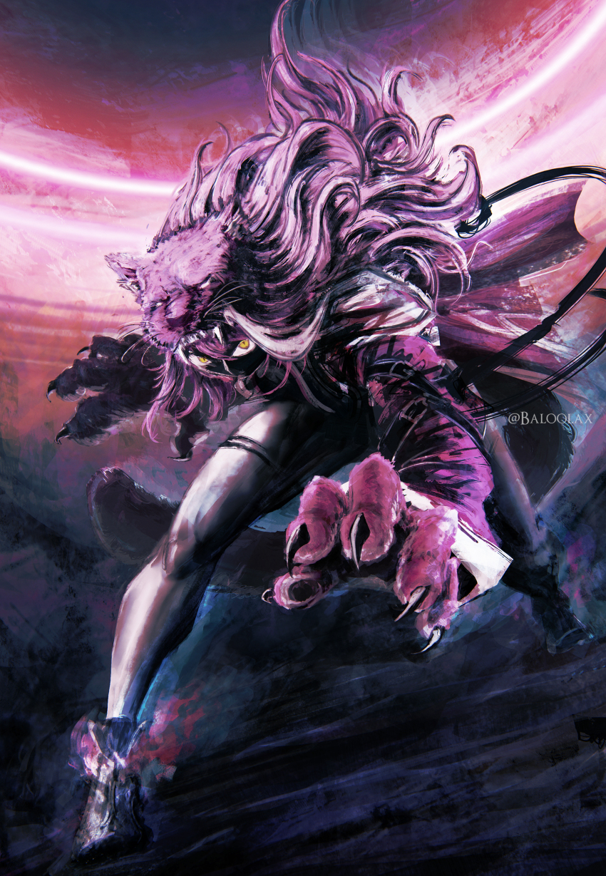 1girl absurdres alternate_costume animal_ear_fluff animal_ears animal_hands artist_name baloolax card commentary english_commentary eyes_in_shadow highres hololive hololive_english lion_hood long_hair long_sleeves looking_at_viewer messy_hair panther_girl panther_tail pink_hair puffy_sleeves raora_panthera shoes slit_pupils strength_(tarot) tail tarot tarot_card virtual_youtuber yellow_eyes