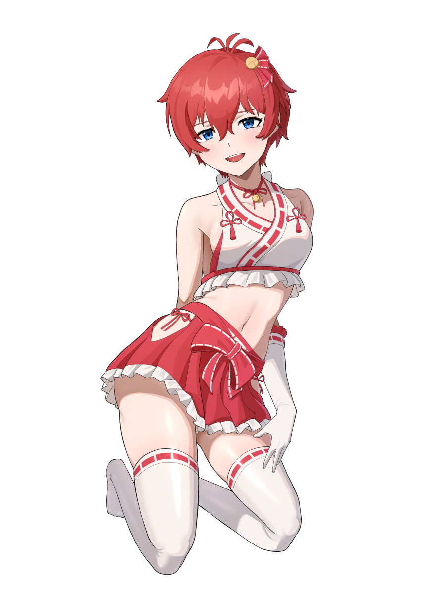 1girl absurdres antenna_hair arm_behind_back bare_shoulders bell bikini blue_eyes bow breasts collarbone concept_maihime_(idolmaster) dot_nose elbow_gloves eyelashes frilled_gloves frilled_shirt frilled_skirt frills gloves hair_bell hair_between_eyes hair_ornament hair_ribbon halter_shirt halterneck hand_on_own_thigh highres hip_vent idolmaster idolmaster_million_live! idolmaster_million_live!_theater_days jingle_bell jonero99 julia_(idolmaster) kneeling light_blush looking_at_viewer midriff miniskirt navel neck_bell nontraditional_miko open_mouth pink_bikini pink_ribbon pink_skirt pleated_skirt red_hair ribbon ribbon-trimmed_gloves ribbon-trimmed_shirt ribbon-trimmed_thighhighs ribbon_trim shirt short_hair side-tie_bikini_bottom sideboob sidelocks simple_background skirt sleeveless sleeveless_shirt small_breasts solo swimsuit teeth thighhighs upper_teeth_only waist_bow white_background white_gloves white_thighhighs