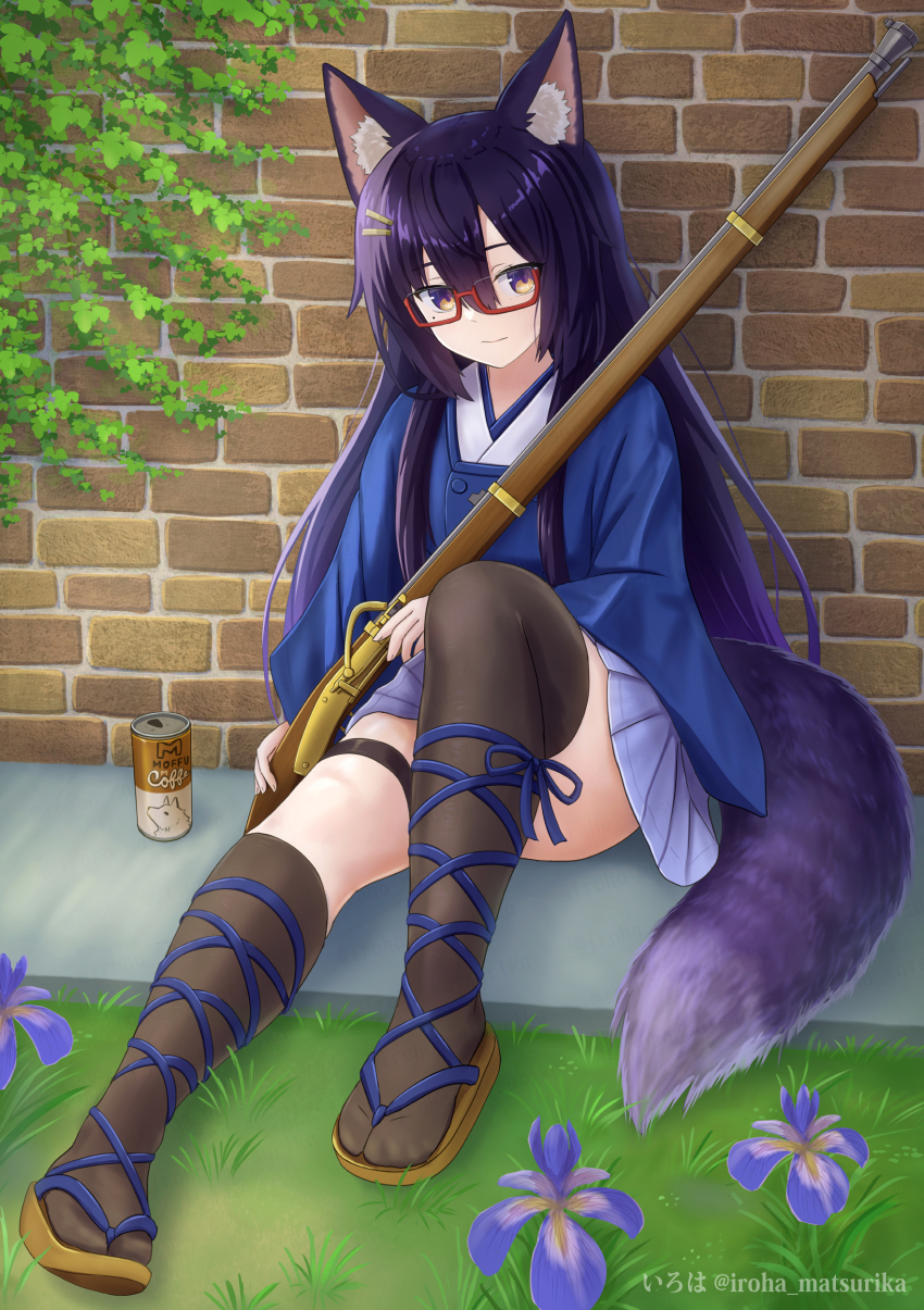 1girl absurdres animal_ear_fluff animal_ears antique_firearm arquebus black_hair black_thighhighs blue_skirt brick_wall brown_eyes brown_sandals can canned_coffee closed_mouth drink_can firearm firelock glasses gun hair_between_eyes hair_ornament hairclip highres iroha_(iroha_matsurika) japanese_clothes kimono knee_up long_hair long_sleeves matchlock mole mole_under_eye original pleated_skirt purple_eyes red-framed_eyewear sandals semi-rimless_eyewear sitting skirt solo tail thighhighs twitter_username under-rim_eyewear very_long_hair weapon white_kimono wide_sleeves wolf_ears wolf_girl wolf_tail zouri