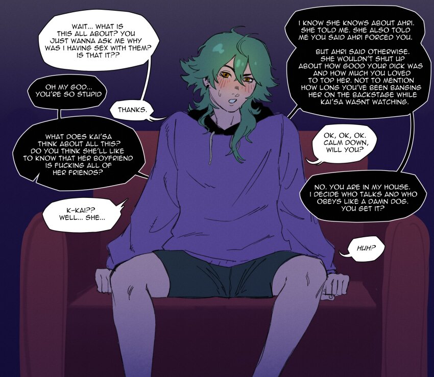 1boy black_shorts english_text ezreal green_hair heartsteel_ezreal highres hood hoodie league_of_legends looking_at_viewer orange_eyes peppr_n&#039;_salt purple_hoodie short_shorts shorts sitting solo speech_bubble