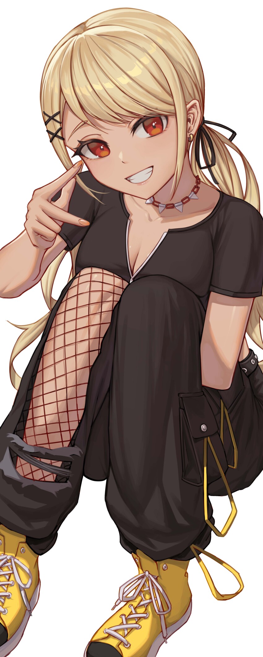 1girl absurdres ahaha_kun blonde_hair breasts cleavage collarbone dark-skinned_female dark_skin hair_ornament highres jewelry kaminari_qpi kaminari_qpi_(2nd_costume) long_hair looking_at_viewer medium_breasts smile solo swept_bangs virtual_youtuber vspo! x_hair_ornament