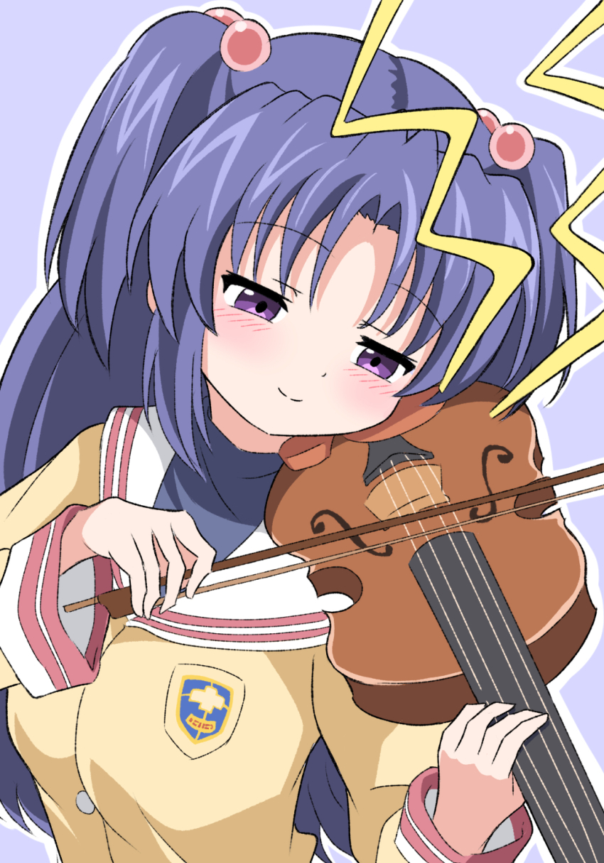 1girl blazer blue_background blue_hair blush bow_(music) clannad closed_mouth commentary hair_bobbles hair_ornament half-closed_eyes hands_up happy head_tilt highres hikarizaka_private_high_school_uniform holding holding_bow_(music) holding_instrument ichinose_kotomi instrument jacket long_hair long_sleeves looking_down music playing_instrument purple_eyes sailor_collar school_uniform serafuku silky_(silky_illust) simple_background smile solo split_mouth two_side_up upper_body violin white_sailor_collar yellow_jacket