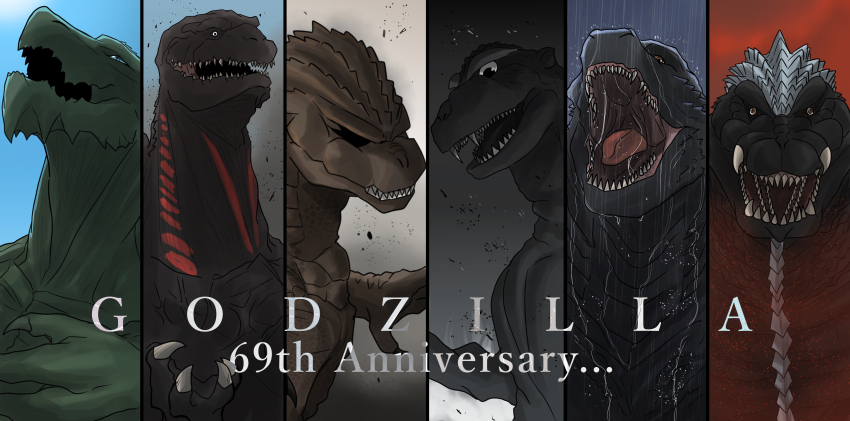 absurdres anniversary blue_eyes blue_sky bones_(company) character_name claws cloud cloudy_sky dinosaur english_text fangs fog giant giant_monster godzilla godzilla:_planet_of_the_monsters godzilla_(1954) godzilla_(2014) godzilla_(series) godzilla_earth godzilla_minus_one godzilla_singular_point godzilla_ultima highres ibuki_(tulta_icon) kaiju legendary_pictures looking_at_viewer looking_down looking_up monochrome monster monsterverse multiple_persona no_humans open_mouth orange_(company) orange_eyes overcast particles polygon_pictures rain roaring sharp_teeth shin_godzilla sky teeth toho tongue white_eyes