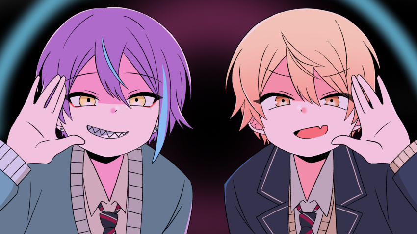 2boys black_shirt blonde_hair blue_shirt collared_shirt gradient_hair hair_between_eyes highres jacket kamishiro_rui long_sleeves looking_at_viewer male_focus multicolored_hair multiple_boys necktie open_mouth orange_eyes orange_hair project_sekai purple_hair shirt short_hair simple_background smile streaked_hair teeth tenma_tsukasa two-tone_hair user_cger7748 yellow_eyes