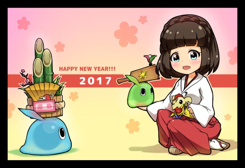 1girl 2017 asahina_kokomi bamboo_shoot battle_girl_high_school blue_eyes blush brown_hair clip_studio_paint_(medium) eyelashes hakama happy_new_year japanese_clothes miko nengajou new_year open_mouth paddle sandals short_hair slime_(creature) socks tamanegi_(12030028) white_socks wide_sleeves