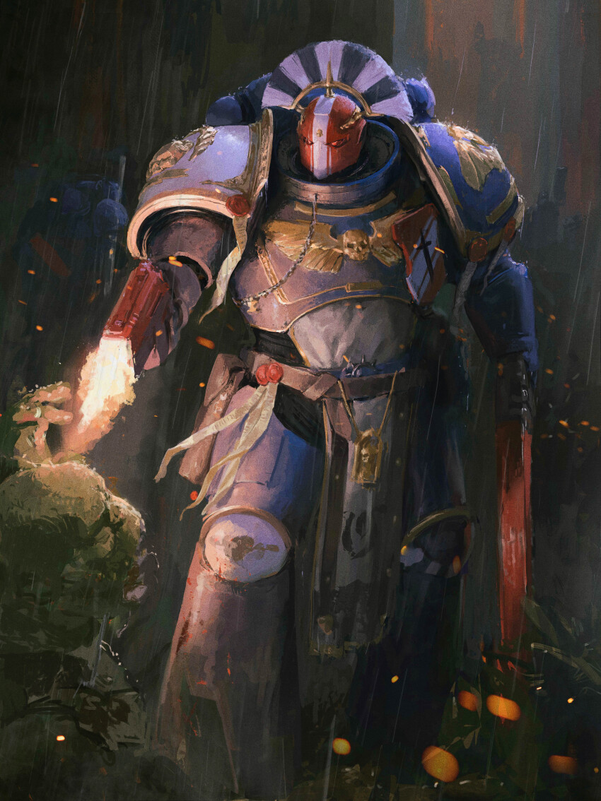 2boys absurdres adeptus_astartes armor bolt_pistol chainsword firing full_armor helmet henry_lynch highres loincloth multiple_boys muzzle_flash orc pauldrons plume power_armor purity_sweat rain red_helmet shoulder_armor warhammer_40k