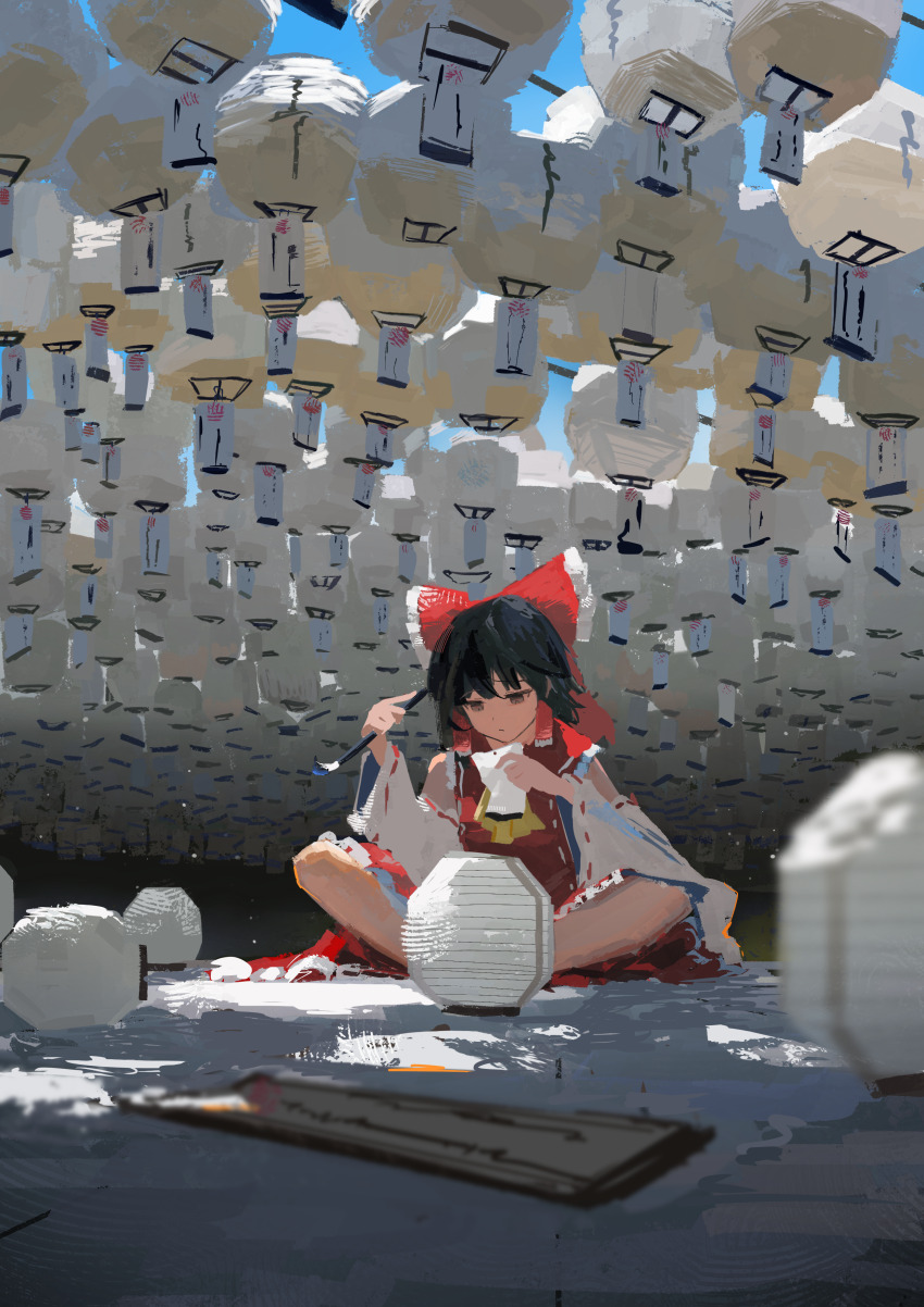 1girl absurdres ascot bow brown_eyes brown_hair calligraphy_brush detached_sleeves frilled_bow frilled_hair_tubes frills hair_bow hair_tubes hakurei_reimu highres holding holding_calligraphy_brush holding_paintbrush koukouya lantern nontraditional_miko ofuda open_mouth paintbrush paper_lantern red_bow red_skirt ribbon ribbon-trimmed_sleeves ribbon_trim shirt short_hair sitting skirt skirt_set solo touhou yellow_ascot yin_yang