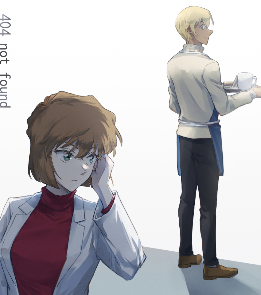 1boy 1girl 404 amuro_tooru astrayin black_pants blonde_hair brown_footwear brown_hair brown_sweater closed_mouth dark-skinned_male dark_skin full_body highres holding holding_tray http_status_code jacket looking_back meitantei_conan miyano_shiho open_clothes open_jacket pants red_sweater short_hair simple_background smile standing sweater tray white_background white_jacket
