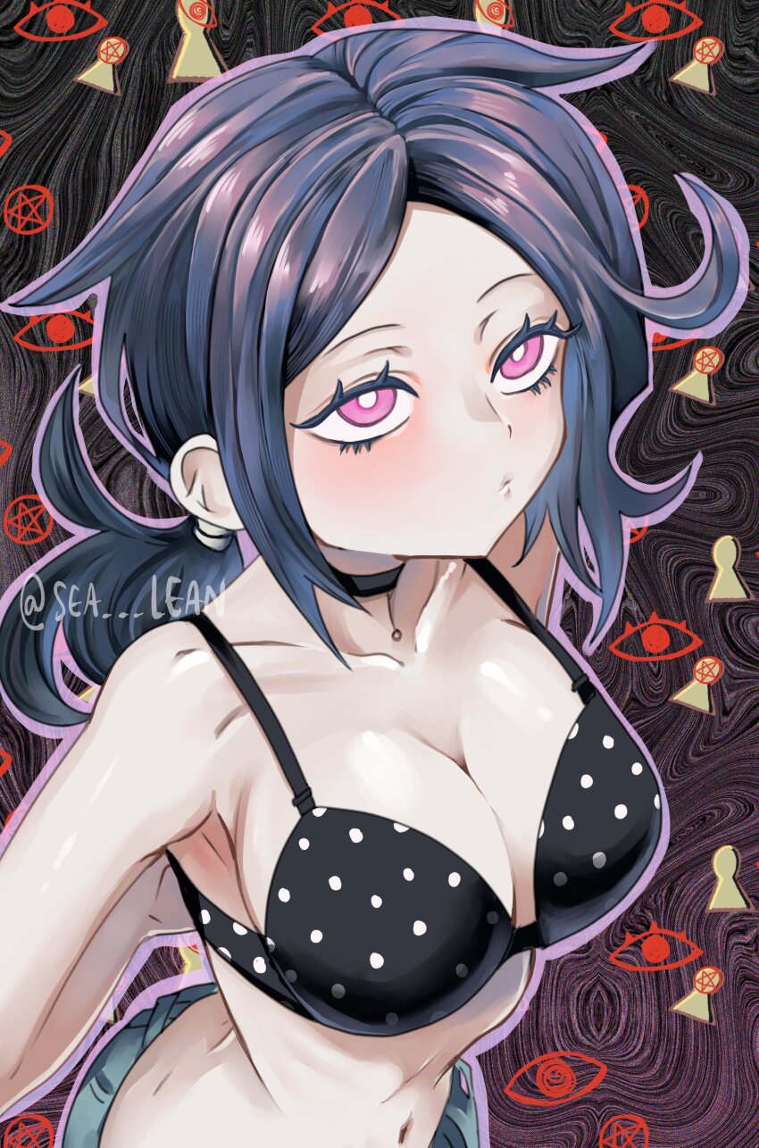 1girl absurdres artist_name ashley_graves black_bra black_choker black_hair bra breasts choker cleavage closed_mouth collarbone commentary english_commentary green_pants highres large_breasts long_hair navel pants pentagram polka_dot polka_dot_bra purple_eyes sea_lean solo standing the_coffin_of_andy_and_leyley twitter_username underwear undressing
