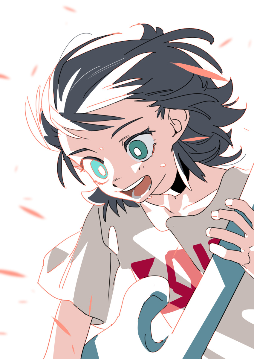 1girl absurdres aged_down bang_dream! bang_dream!_it&#039;s_mygo!!!!! black_choker black_hair blue_eyes blush chinese_commentary choker commentary_request bass_guitar highres molu_stranger open_mouth shirt short_hair short_sleeves solo sweatdrop teeth white_background white_shirt yahata_umiri