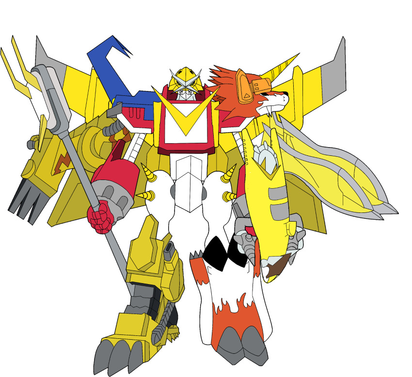 absurdres armor digimon digimon_(creature) fusion highres horns microphone shoutmon_x7 solo wings