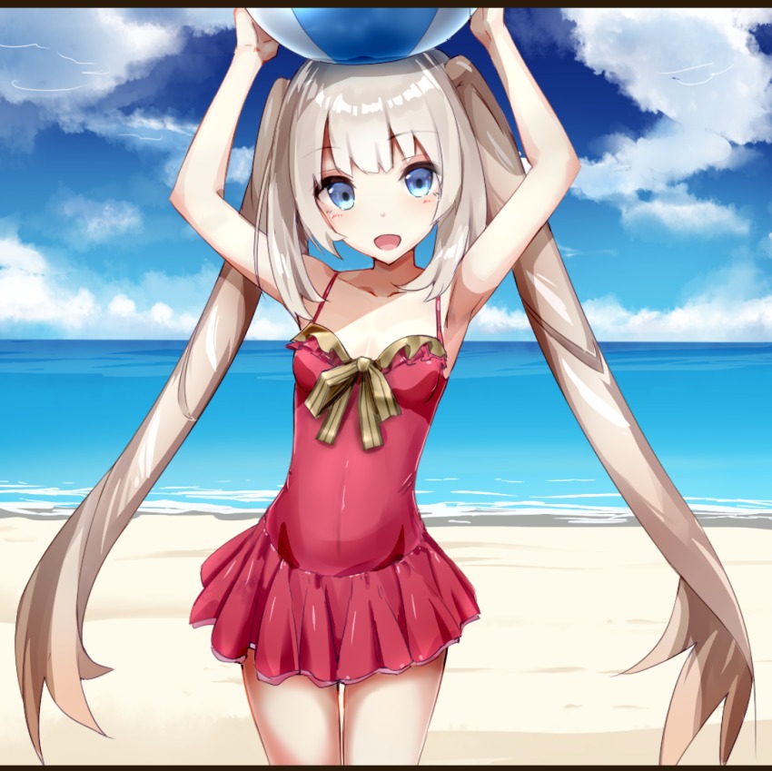 1girl :d armpits arms_up ball beach beachball blue_eyes breasts casual_one-piece_swimsuit cleavage collarbone cowboy_shot day fate/grand_order fate_(series) female_focus floating_hair heavens_thunder_(byakuya-part2) long_hair marie_antoinette_(fate) marie_antoinette_(swimsuit_caster)_(first_ascension)_(fate) ocean one-piece_swimsuit open_mouth outdoors red_one-piece_swimsuit silver_hair sketch small_breasts smile solo standing swimsuit twintails very_long_hair