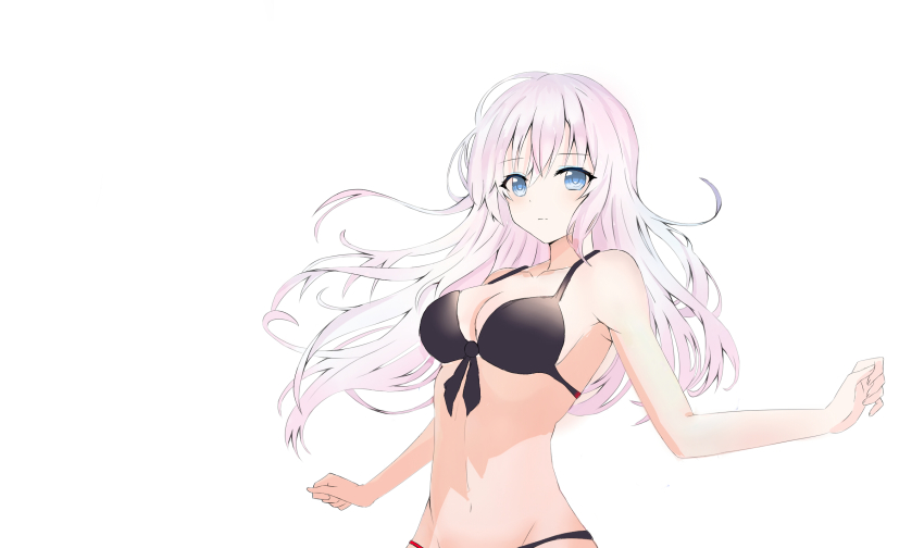 1girl bikini black_bikini blue_eyes breasts highres long_hair looking_at_viewer medium_breasts navel original paheide_guang simple_background solo swimsuit white_background white_hair