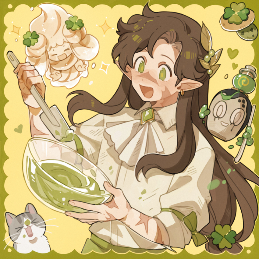 1boy adapted_costume alcremie alcremie_(clover_sweet) ascot bishounen blush border bow bowl brown_hair cat closed_eyes color_connection commentary cookie cooking crossover english_commentary food food-themed_creature formal_clothes gem gen_8_pokemon goodtimeswithscar goodtimeswithscar_(elvish) green_border green_eyes green_gemstone green_theme heart hermitcraft holding holding_bowl jellie_(hermitcraft) leaf long_hair luminous_slime male_focus matcha_(food) minecraft_youtube nintendo open_mouth pointy_ears pokemon pokemon_(creature) scar shirt sinistcha upper_body very_long_hair white_ascot white_shirt