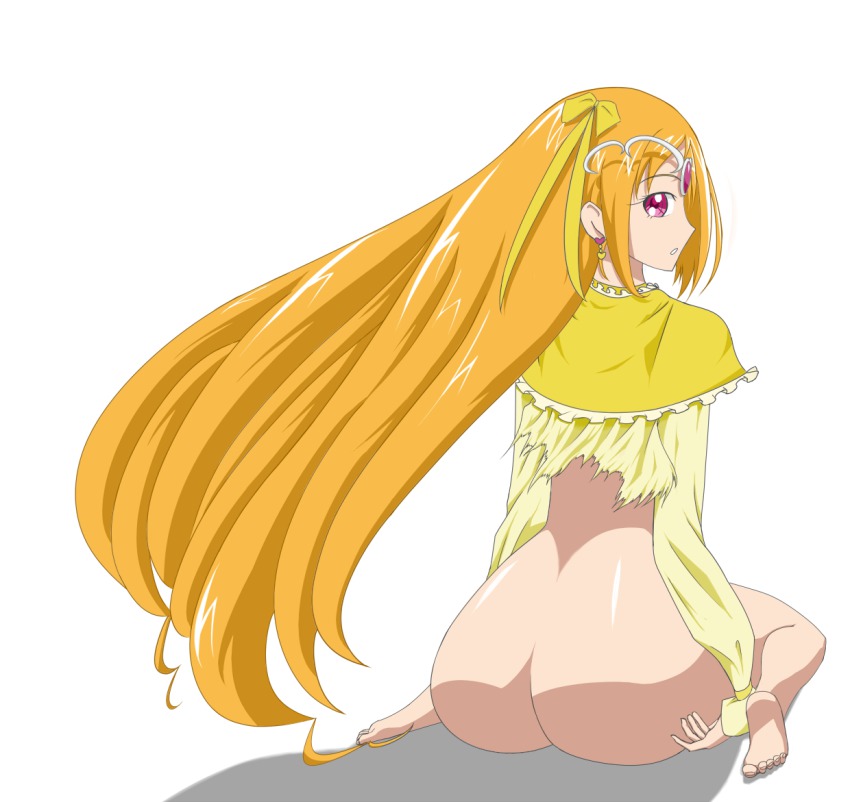 10s 1girl ammonite ass barefoot bottomless cure_muse female_focus full_body huge_ass long_hair looking_back orange_hair pink_eyes precure shirabe_ako sitting solo suite_precure torn_clothes white_background