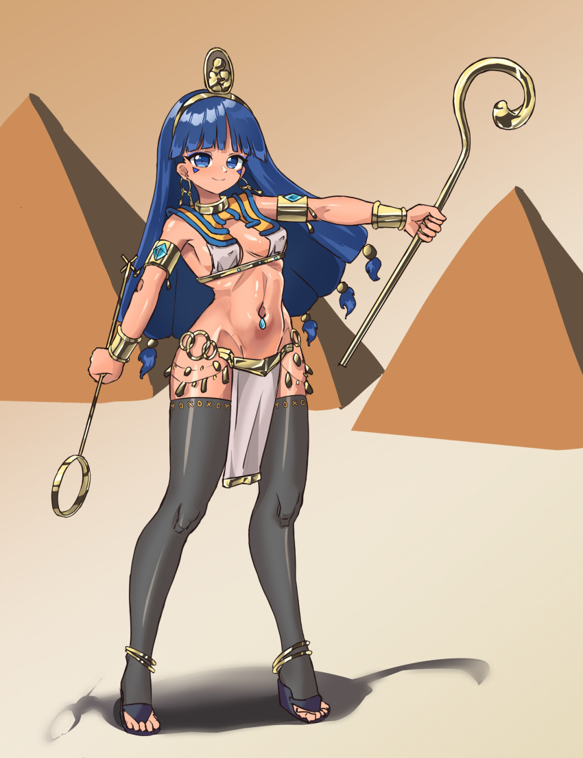 absurdres ancient_egyptian ancient_egyptian_clothes armlet black_thighhighs blue_eyes blue_hair blunt_bangs bracelet breasts closed_mouth earrings egypt facial_mark gold gold_headdress groin happy high_heels highres holding holding_scepter hoop_earrings jewelry key_earrings long_hair michigami_nareko navel_piercing piercing ptt_fries pyramid_(structure) sandals scepter small_breasts smile strappy_heels thighhighs toeless_legwear touhou triangle triangle_facial_mark usekh_collar very_long_hair