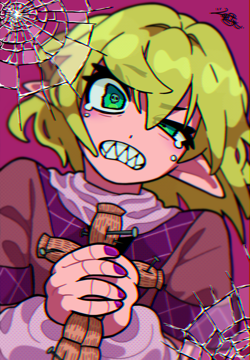 1girl blonde_hair brown_shirt commentary cracked_screen fingernails green_eyes highres leaf_st looking_at_viewer mizuhashi_parsee nail_(hardware) pointy_ears purple_background purple_nails scarf sharp_teeth shirt short_hair short_sleeves skull-shaped_pupils solo straw_doll symbol-shaped_pupils teeth touhou upper_body white_scarf