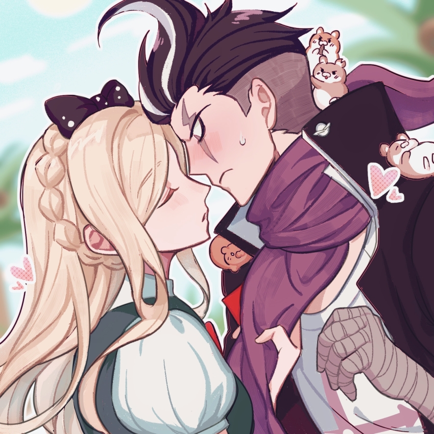 1boy 1girl :o bandaged_arm bandages black_bow black_hair blonde_hair bow bowtie braid cham-p closed_eyes closed_mouth danganronpa_(series) danganronpa_2:_goodbye_despair dress green_dress grey_hair hair_bow hamster heart highres jacket jum-p kanmi_(kanmiland) long_hair maga-g multicolored_hair open_clothes open_jacket open_mouth outline puffy_short_sleeves puffy_sleeves purple_scarf red_bow red_bowtie scarf shirt short_hair short_sleeves sonia_nevermind sun-d sweatdrop tanaka_gundham upper_body white_outline white_shirt